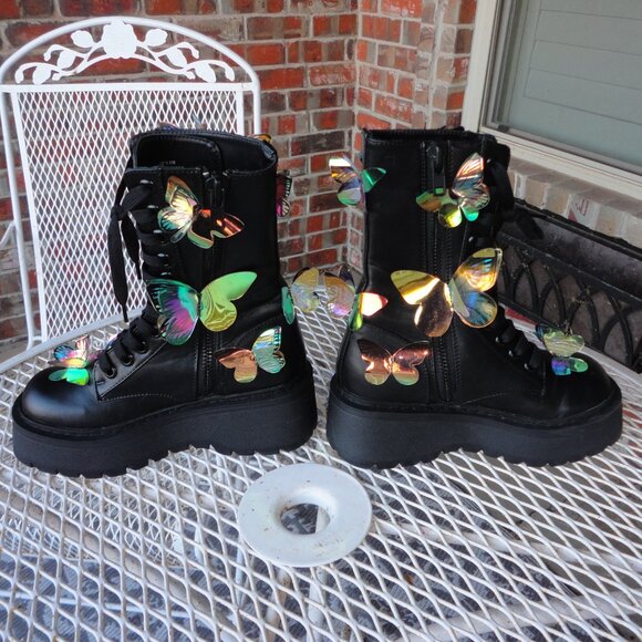 DOLLS KILL Club Exx Endless Dreaming Butterfly Combat Boots Size 6 - Picture 2 of 8